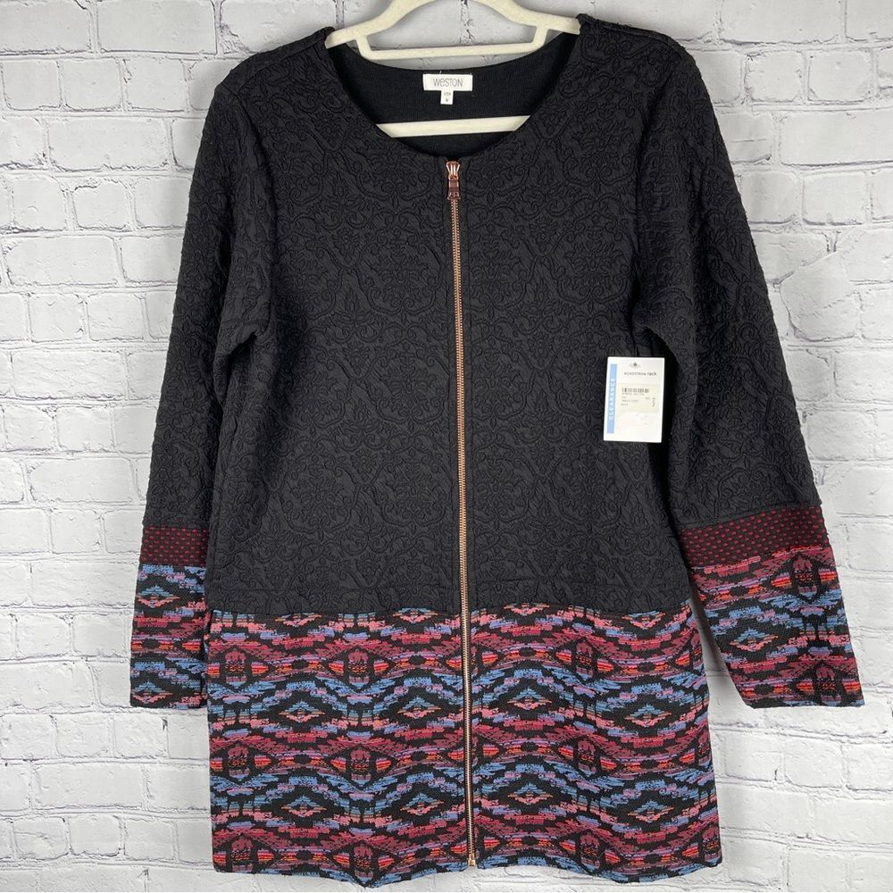 WESTON long black cardigan jacket with zipper and embroidered trim NWT, size M